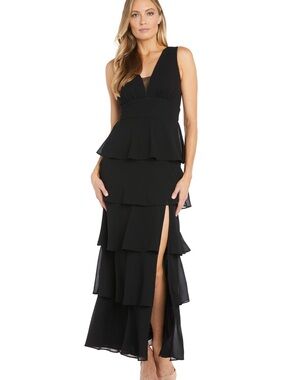 R&M Richards Black Tiered Peplum Maxi Dress with Side Slit NWT 12